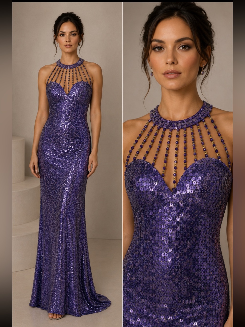 Vintage Niteline Sequin Gown Purple Blue Beaded Cage Neck Y2K Formal Glam Gala 6 - Picture 1 of 16